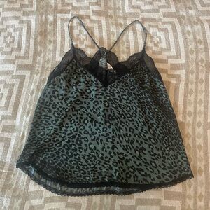Elan Dark Green Cheetah Print Lace Trim Tank Top